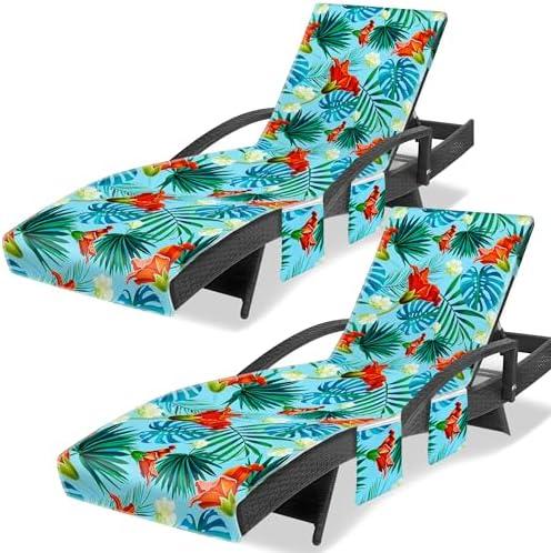 Ruikyhom Lounge Chair Towel Cover, Chaise Lounge Cover (Pack of 2), Beach Chair Covers with 3 Pockets for Pool Sunbathing Beach Garden Courtyard Outdoor Trips, 85 x30 in, Flower and Leaves(Red Blue)