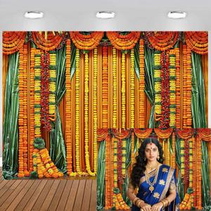 10x8ft India Pooja Happy Diwali Photography Backdrop Puja Ganpati Pooja Traditional Mehndi Festival Background Wedding Flower Garland Yellow Green Tulle Curtain Anniversary Backdrops