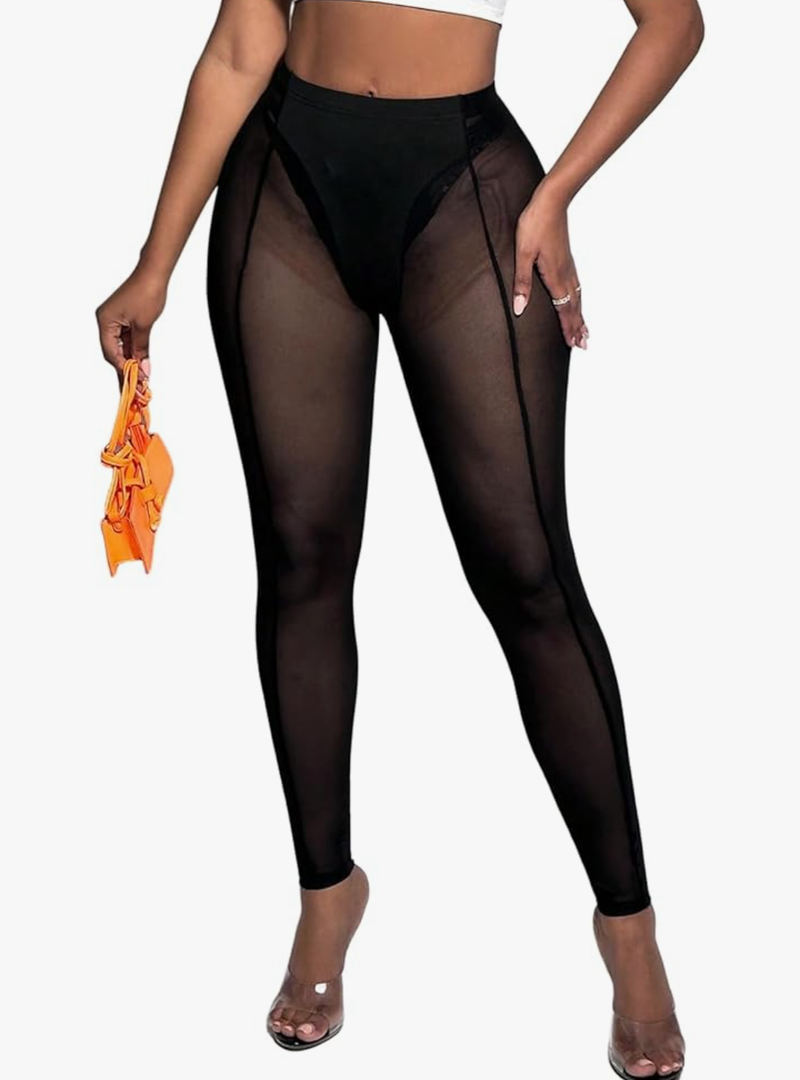 OYOANGLE Women's Sheer Leggings Skinny See Through Sheer Rave Pants Party Clubwear L