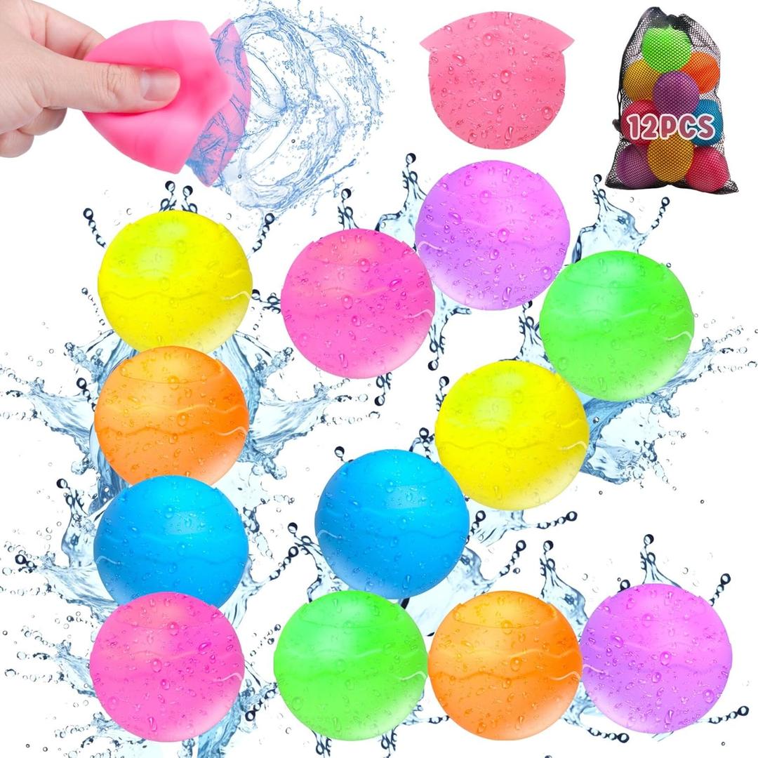 COSOOS 12 Pack Reusable Water Balloons for Kids, Summer Fun Water Games for Boys & Girls, Beach & Pool Toys, Self-Sealing Refillable