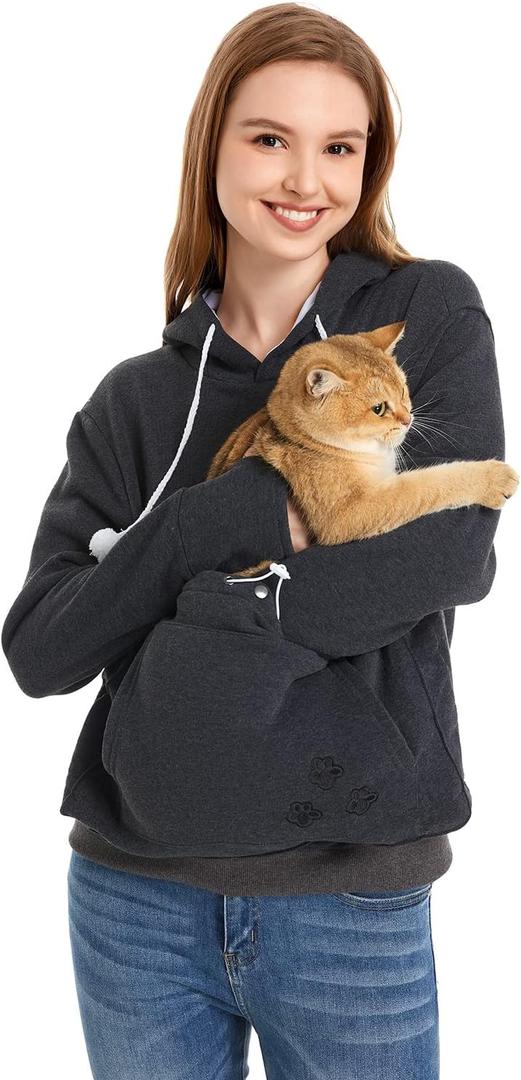 Unisex Big Pouch Hoodie Long Sleeve Pet Cat Dog Holder Carrier Sweatshirt (Large, Dark Grey-thick)