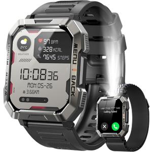 Military Smart Watch for Men (Answer/Make Calls), 2.01'' Smart Watch for Android and iPhone, Fitness Tracker with Flashlight/Compass/100 Days Battery/Heart Rate/Sleep/100+ Sport Modes(2 Straps) (W60 Black)