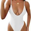 HYPERFIRE Women's Sexy V Neck One Piece High Cut Swimsuits Tummy Control Slimming Monokini (Medium, White)