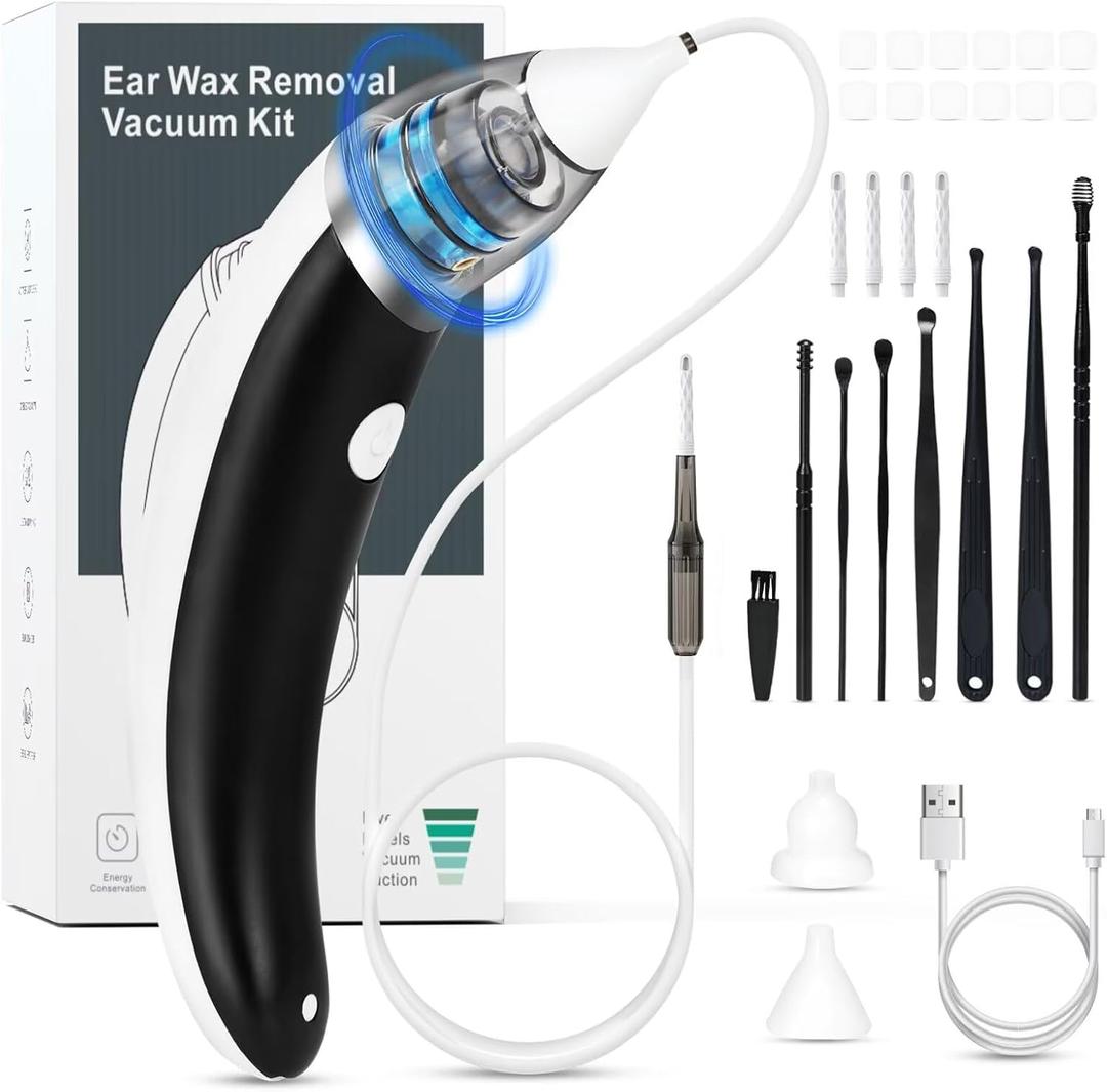Ear Vacuum Ear Wax Removal Kit with 5 Levels Strong Suction, USB Rechargeable Reusable Electric Ear Suction Vacuum Tool for Adults and Kids (Black)