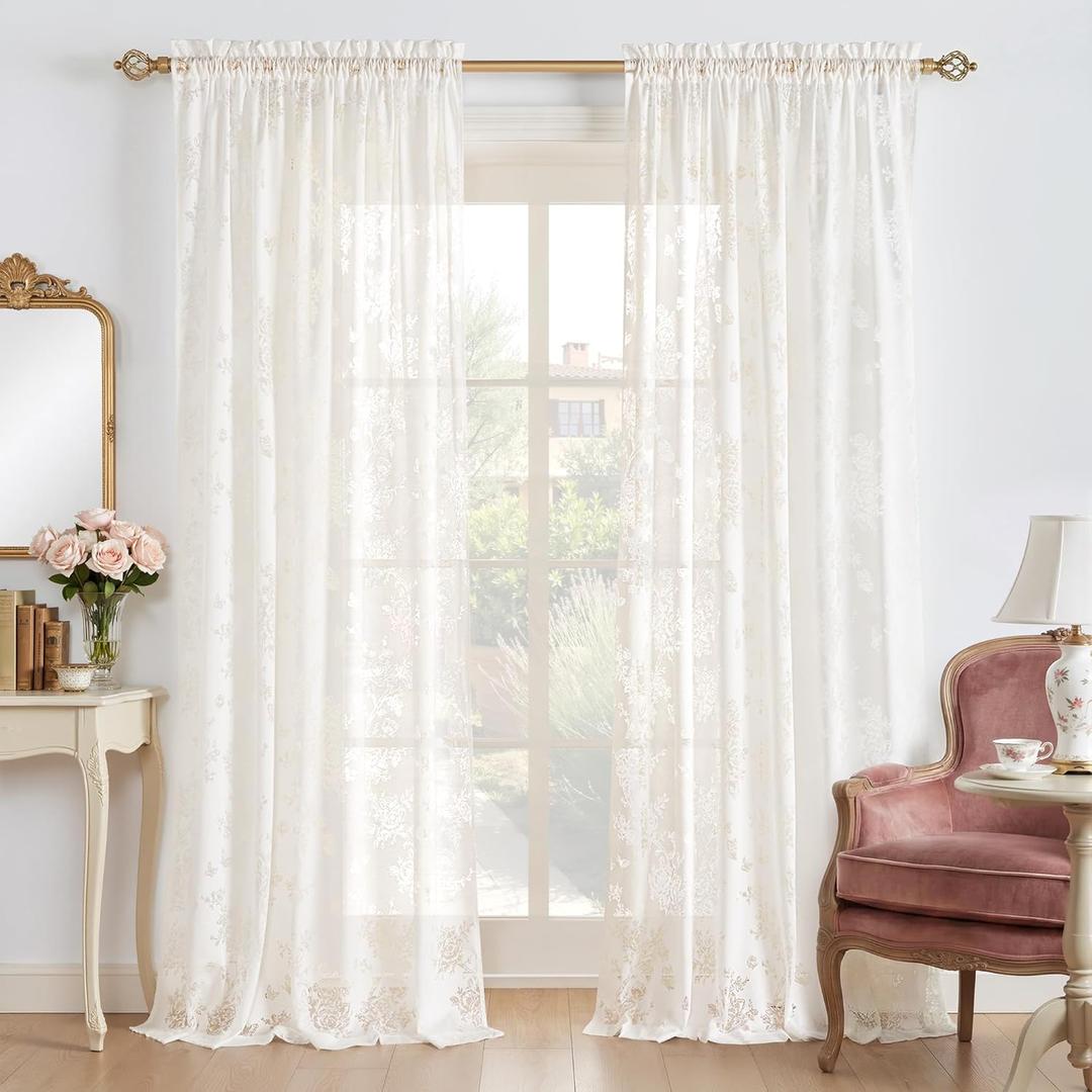 PONY DANCE Floral Butterfly Lace Sheer Curtains 84 Inch Length for Bedroom, Elegant Semi Gauze Drapes with Sheer Overlay for Living Room/Girls Room/Kids Room/Nursery, 2 Panels, 55 Wide, Light Beige