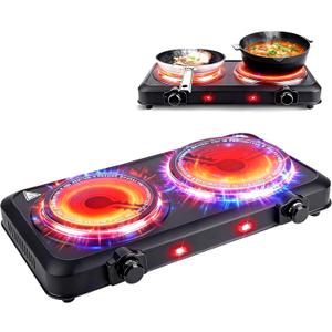 1800W Hot Plate,Portable Electric Stove Countertop Double Burner Infrared Burner with 7.5 & 6.3 Ceramic Glass Cooktop Stepless Temperature Adjustments for Home
