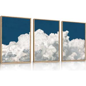 LHIUEM Large White Clouds Framed Canvas Wall Art Set Abstract Navy Blue Sky Natural Wall Decor Minimalist Modern Painting Artwork for Livingroom,Bedroom,Office Decor -24"x36"x3