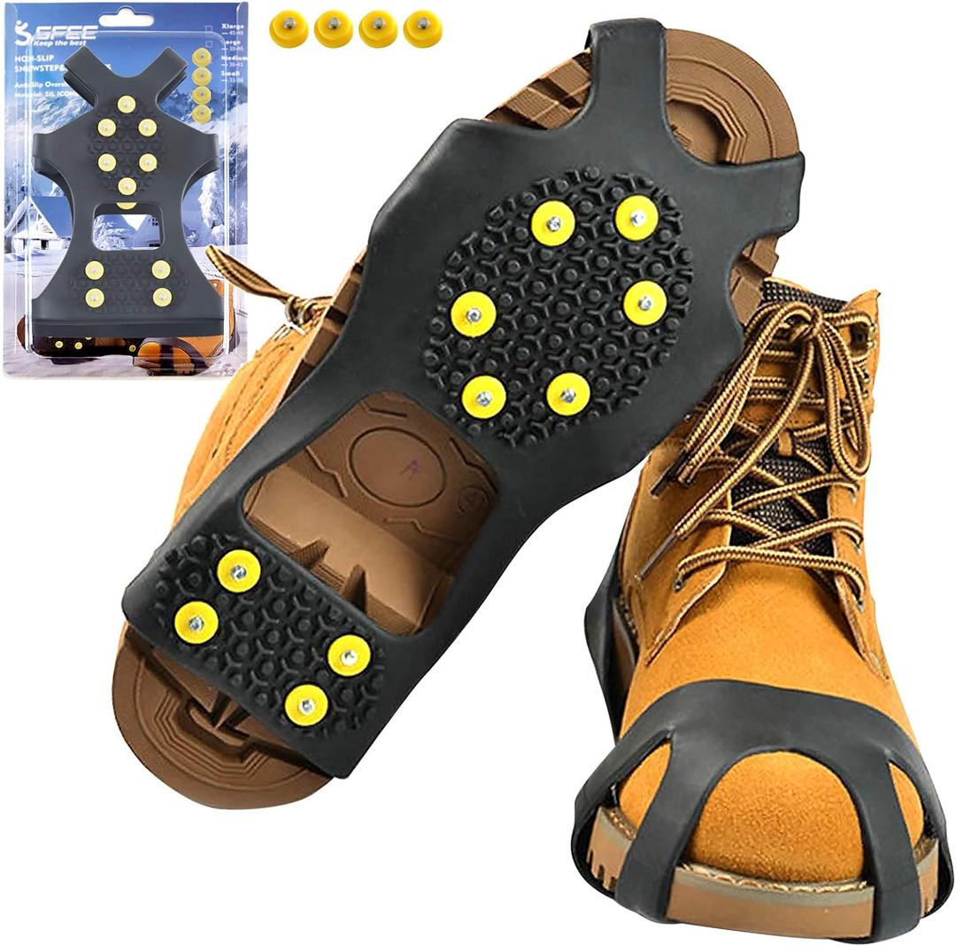 Sfee Ice Cleats for Boots Shoes, Snow Grips Cleats for Ice and Snow Anti-Slip Rubber Traction Cleats for Walking on Snow and Ice 10 Steel Studs Crampons for Hiking, Walking, Climbing, Jogging (L(Women(10-13)/Men(8-11))