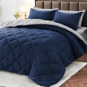 MUXHOMO 7 Pieces King Comforter Set, Reversible Bed in a Bag King Size, All Season Bedding Set with Comforter, Flat Sheet, Fitted Sheet, Pillowcases & Shams, Navy & Light Grey (King (104"x90"))