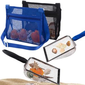 MUYIZI Beach Mesh Shovel with Mesh Beach Bag for Shell Collecting, Kids Sand Sifter for The Beaches,Shell Scooper for Beaches,Shark Tooth Sifter Dipper,Sea Shell Bags for Kids (Sapphire Blue+Black)