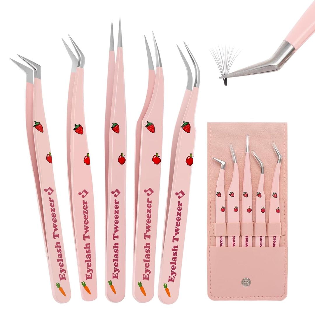 Lash Extension Tweezers Set, 5 Pcs Eyelash Tweezer, Precision Lash Tweezers for 2D-6D Volume & Individual False Lashes Extensions