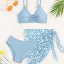 COZYEASE Girls' 3 Piece Bikini Set Ditsy Floral Print Wireless Swimsuit with Beach Skirt (Blue)