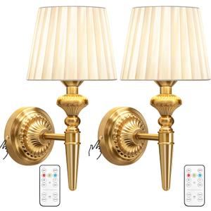 Cordless Battery Powered Wall Sconce Vintage Set of 2, Wireless 6800mAh Rechargeable Battery Antique Small Wall Lamp for Wall Painting, Living Room, Bedroom, Hallway, Touch Type & Remote, Timer(Gold)