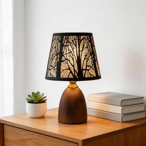 12.4" Rustic Forest Table Lamp, 3-Color Stepless Dimmable Bedside Lamp with Black Metal Tree Shade & Solid Wood Base, Small Decorative Accent Light for Living Room Nightstand,Bulb Included