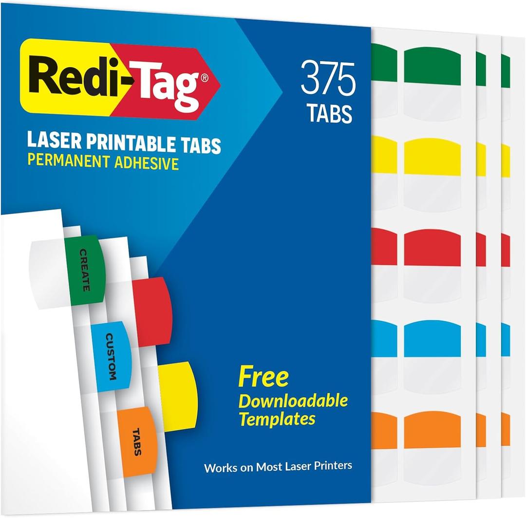 Redi-Tag Laser Printable Tabs, Permanent Index Tabs, Customizable Adhesive Labels, Assorted Primary Colors, 1.125" x 1.25", 375 Per Pack (1006556)