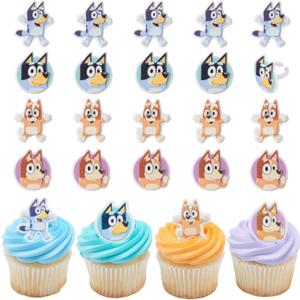 DecoPac Bluey So Much Fun Rings, 24 Cupcake Decorations Featuring Bluey, Bingo, Bandit, and Chilli, 3D Food Safe Cake Toppers 24 Pack