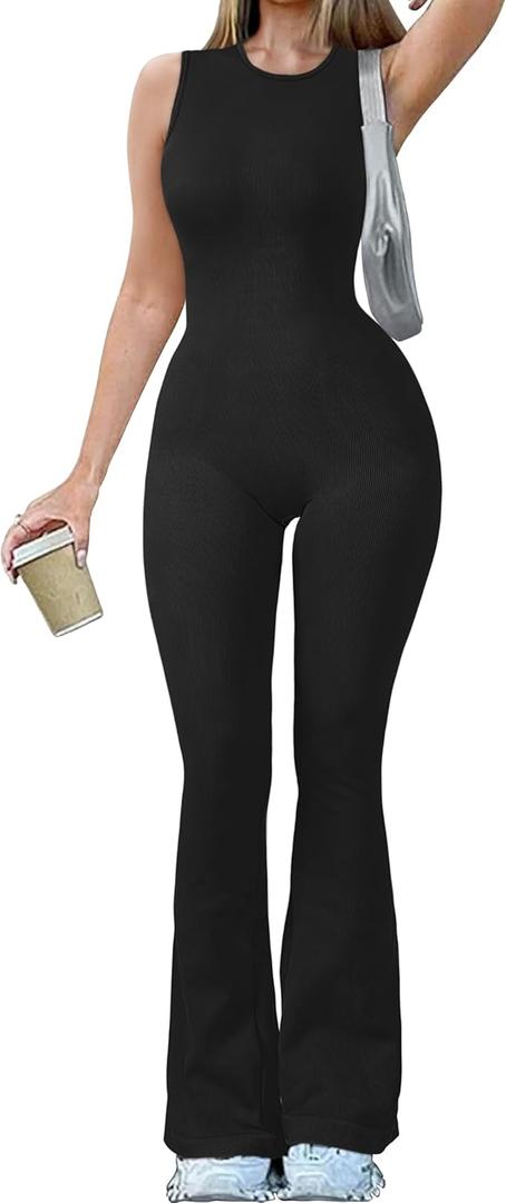 OQQ Women Yoga Jumpsuits Ribbed Crew Neck Sleeveless Bell Bottoms Flare Jumpsuits, M