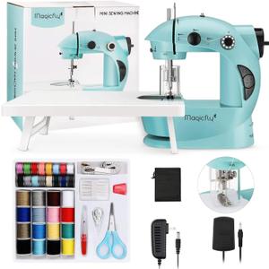 Magicfly Mini Sewing Machine with Extension Table, Dual Speed Portable Sewing Machine for Beginners with Light, Sewing Kit for Household Use, Blue