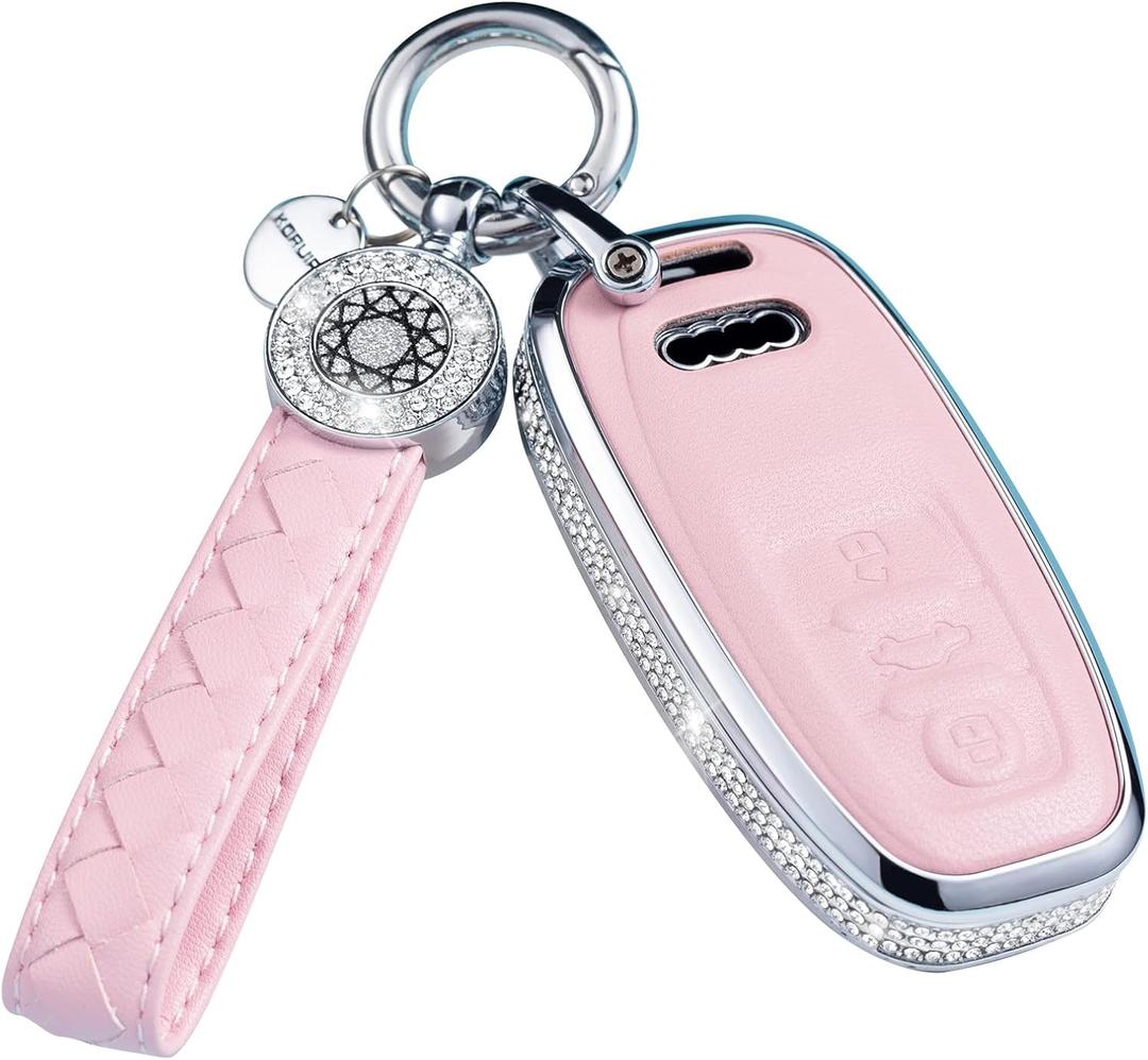 Compatible Audi Key Fob Cover, Pink Genuine Leather Crystal Case for Audi A4 A5 A6 A7 A8 Q5 Q7 S3 S4 S5 S6 S7 S8 SQ5 RS5 RS7 Smart Key