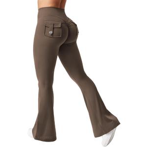 YEOREO CoreFlex Flare Leggings with Pockets for Women Scrunch Workout Leggings Butt Lifting Gym Yoga Pants (Large, Coffee)