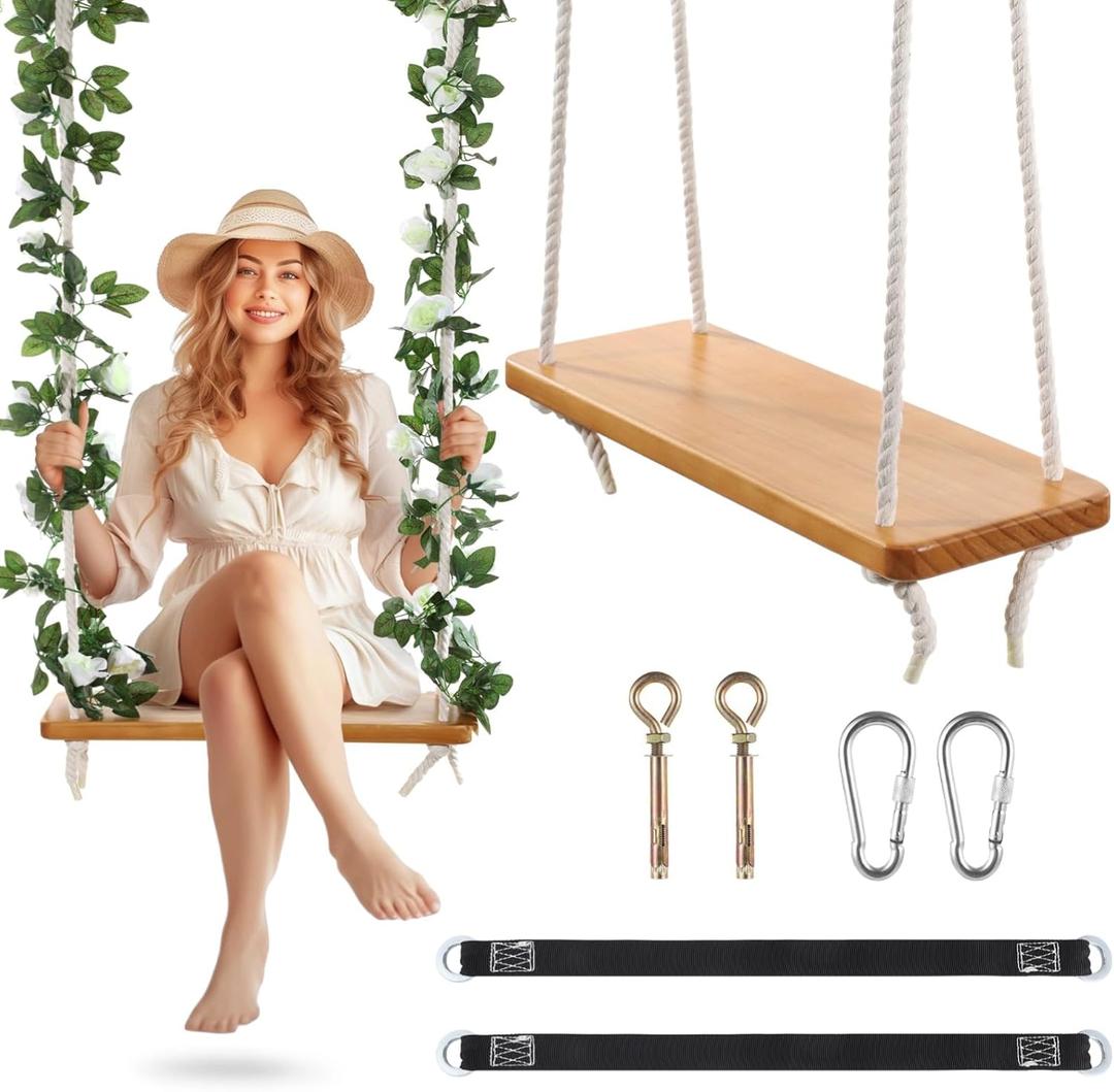 Wooden Tree Swing,Wooden Swing for Adults/Kids with 500lbs Load Capacity Waterproof Wooden Swing Seat Adjustable Hemp Rope Plus Tree Straps 100 inch for Indoor,Backyard,Garden,Playground (Flower)