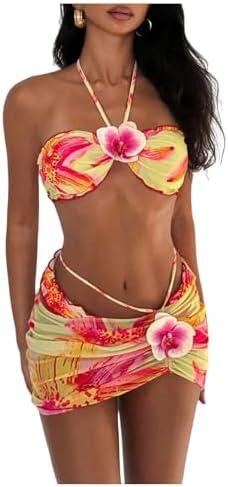 SOLY HUX Women's 3 Piece Swimsuit Floral Halter Bikini Set Beach Vacation Bathing Suit with Drawstring Cover Up Skirt, M