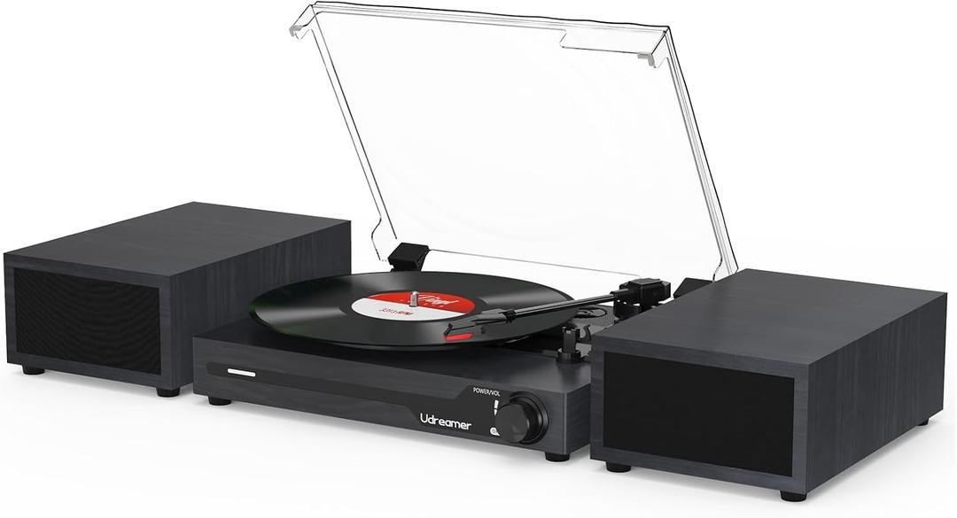 Vinyl Record Player with Speakers,Bluetooth Portable Turntable for Vinyl Records,Phonograph LP Player with 3 Speed USB RCA in Vintage Black