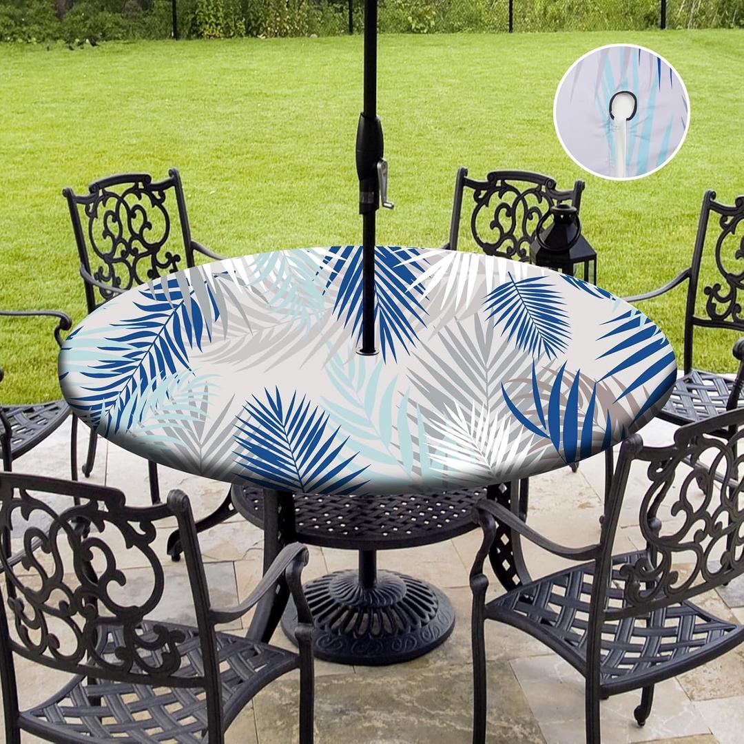 Round outdoor tablecloth with umbrella hole,Picnic Fitted Elastic Tablecloth with Zipper, Waterproof Patio Table Covers,Camping Zippered Tablecloth for Picnic, Camping, Dinner,Fit 55"-64"(Blue Grey)