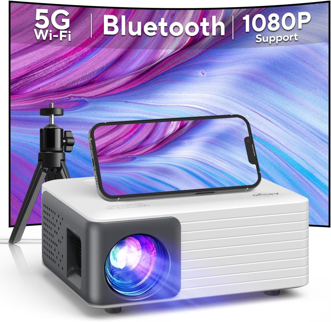 Mini Projector with WiFi and Bluetooth, AKIYO 1080P Supported Projector with Projector Stand, Portable Movie Projector for Home Theater/Outdoor, Compatible with iOS/Android/Laptop/TV Stick/HDMI/PS5