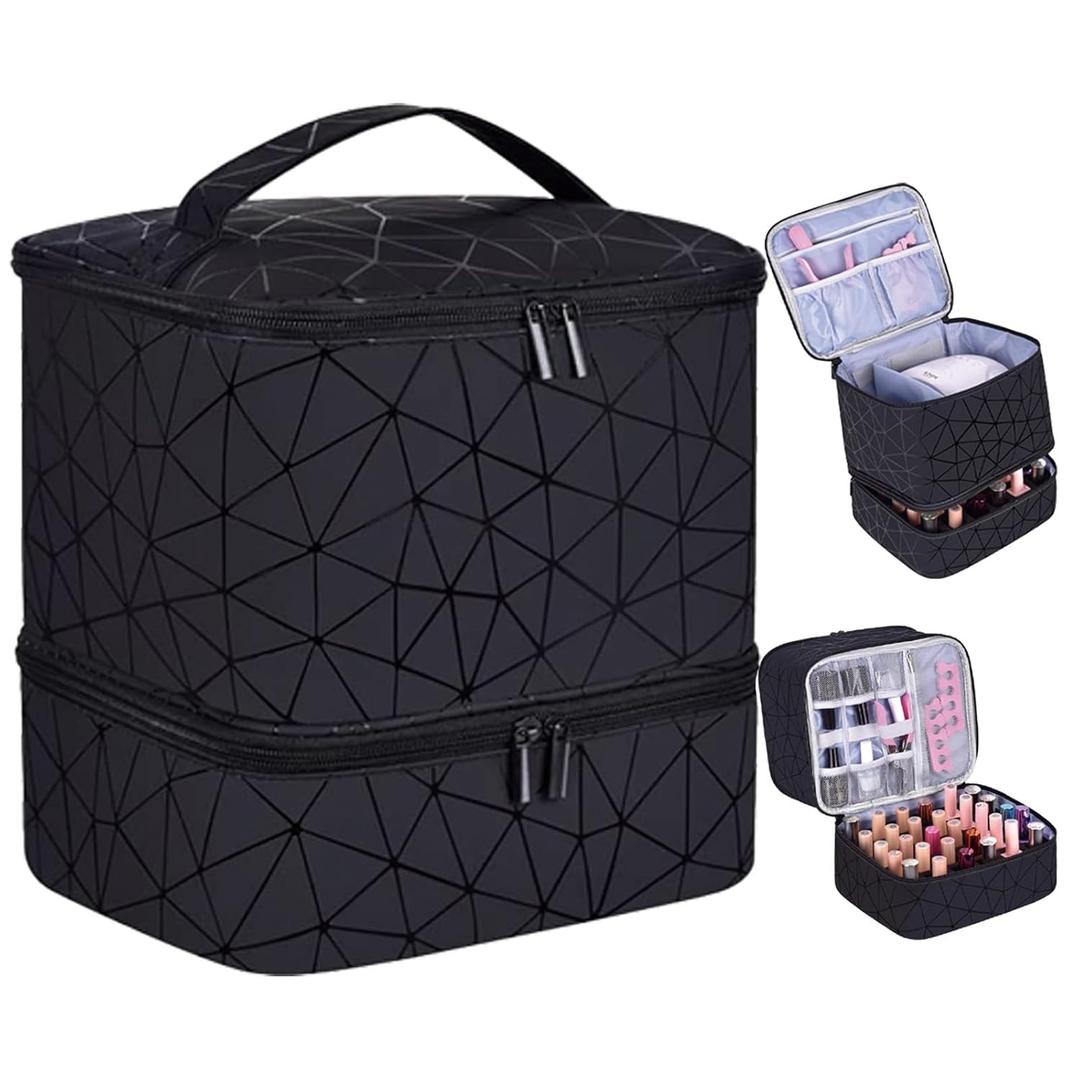 PU Leather Nail Polish Organizer, Double Layer Nail Polish Storage Holds 30 Bottles (15ml/0.5fl.oz) & Nail Lamp, Portable Nail Bag Organizer Case for Nail Tech Travel & Manicure Kit (Black)