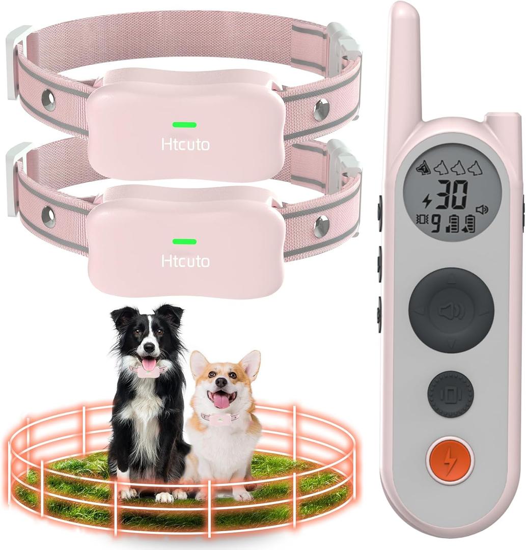 Htcuto Wireless Dog Fence System for 2 Dogs 856 Acre Electric Fence for Dogs Training Collar with Remote 2 in 1 Waterproof No Wire Boundary Rechargeable Pet Containment Large Medium Dog with 2 Collars