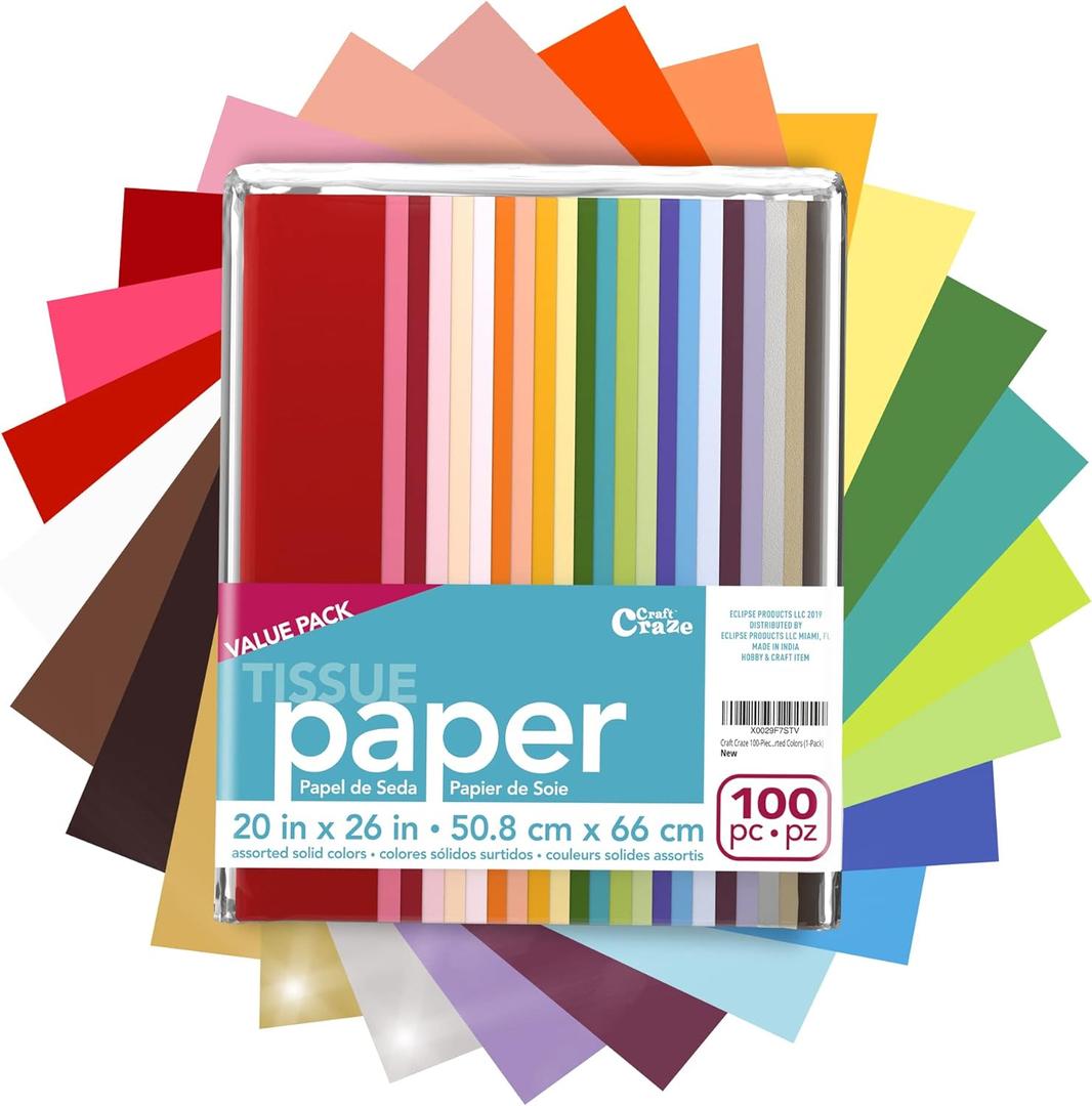Craft Craze 100 Sheets (20" x 26") 25 Assorted Colors Premium Quality Tissue Paper for Gift Wrapping, Arts & Crafts, Packing and Decorations (1-Pack)