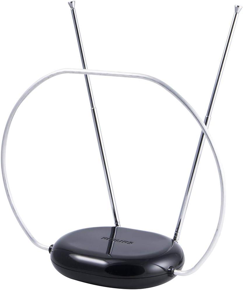 Philips Rabbit Ears Black Indoor TV Antenna, Dipoles and Circular Loop, Tabletop, Digital, Smart TV Compatible, HDTV, 4K 1080P VHF UHF, 5Ft Coaxial Cable, SDV8201B/27