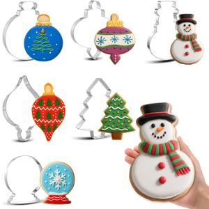 Teenyyou 6 Pcs Large Christmas Cookie Cutters 8" Holiday Metal Cookie Cutter Stainless Steel Christmas Baking Molds, Snowman, Xmas Tree, Ornament, Teardrop Bauble, Finial, Snow Globe