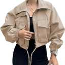 Tankaneo Women's Cropped Jacket Zip Up Lightweight Oversized Utility Anorak Coat with Pockets (Small, Khaki)