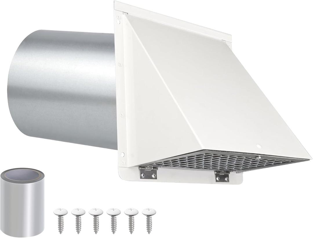 4 Inch Dryer Vent Cover Outside, Dryer Vent Cover Outdoor Exterior Vent Cover Wall Vent Dryer Exhaust Vent Cover Cap,Hooded Wall Vent with Screen & Damper for Dryer Duct AC HVAC,Galvanized Steel,White