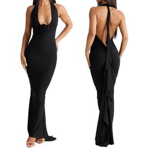Women Sexy Backless Dress Halter Deep V Neck Detachable Flower Sleeveless Open Back Maxi Dress Cocktail Prom Formal Dresses (Small, Black)