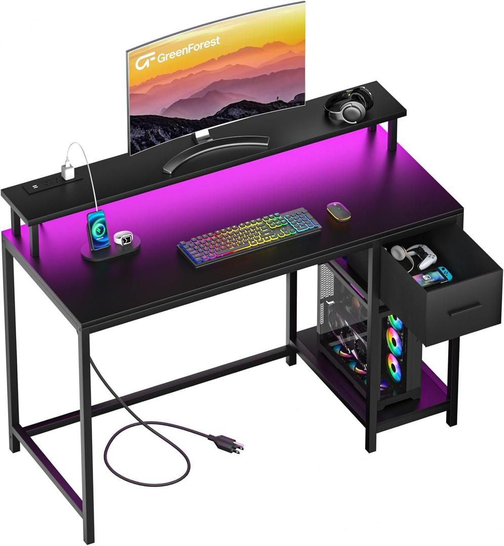 GreenForest Gaming Desk 39 Inch with LED Lights and Monitor Stand, Computer Desk with Drawer for Small Spaces, Office Desk with Power Outlets and Shelf, Black