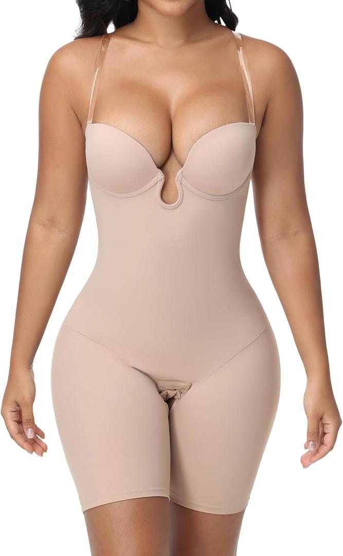 Strapless Shapewear for Women Backless Bodysuit Tummy Control Built-in Bra Low Back Deep U Plunge Body Shaper (X-Large, Tan)