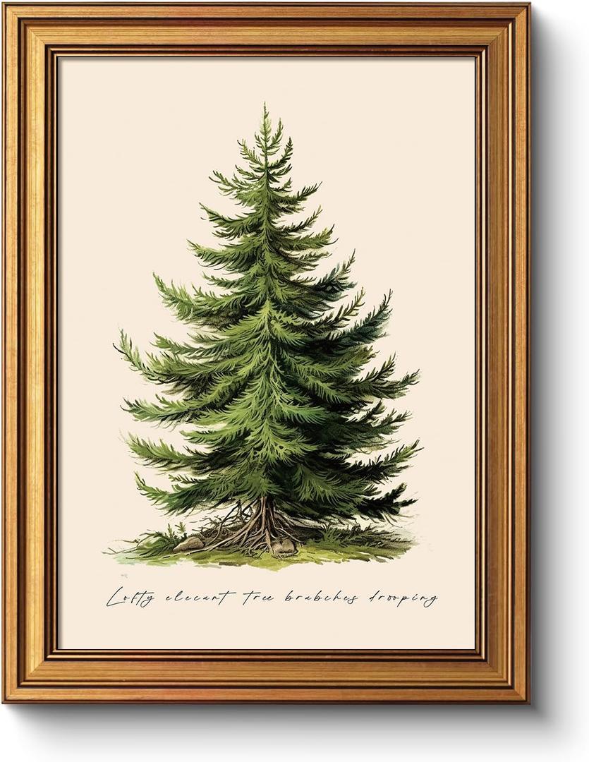 WHASAYART Gold Framed Vintage Wall Art Christmas Tree Print for Living Room Christmas Pictures Botanical Pine Tree Painting Shelf Decor Winter Cottagecore Room Aesthetic Xmas Holiday Decorations Gift