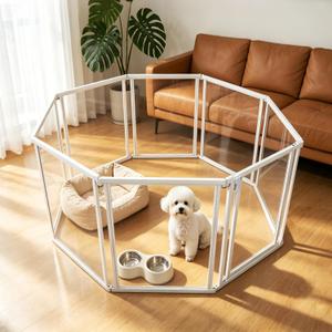 24" H Clear Dog Playpen Indoor, Acrylic Dog Cage with Door 8 Panels | Metal Frame Play Pen Easy Assemble Pet Fence, DIY Foldable Puppy Pen for Ducks Cat Rabbit Small & Medium Pets- White