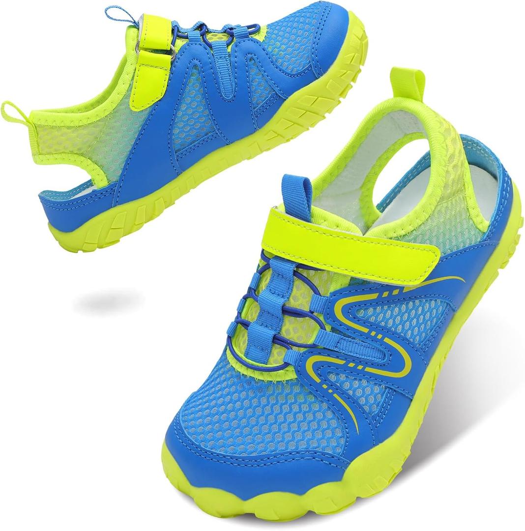 LeIsfIt Toddler Wide Sandals Boys Girls Breathable Summer Shoes Kids Non-slip Water Sandals Lightweight Barefoot Shoes for Beach Swim, Blue Yellow, 2 Big Kid
