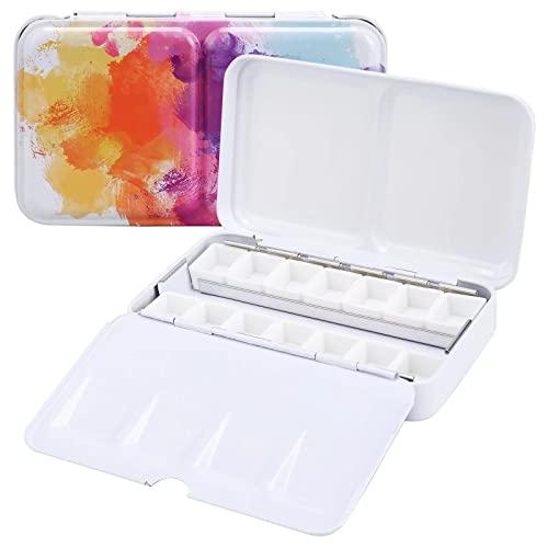 LOONENG Empty Watercolor Palette, Empty Watercolor Tin with Fold Out Palette, Small Colorful Watercolor Tray Palette with 14 Empty Half Pans for Plein Air Painting and Sketching