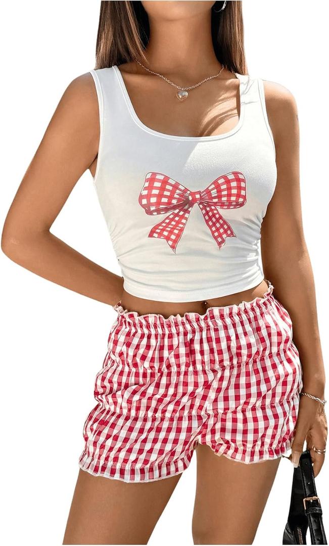 Women's 2 Piece Outfits Bow Graphic Crop Tank Top and Frill Bloomers Shorts Summer Outfits Trendy (XL)