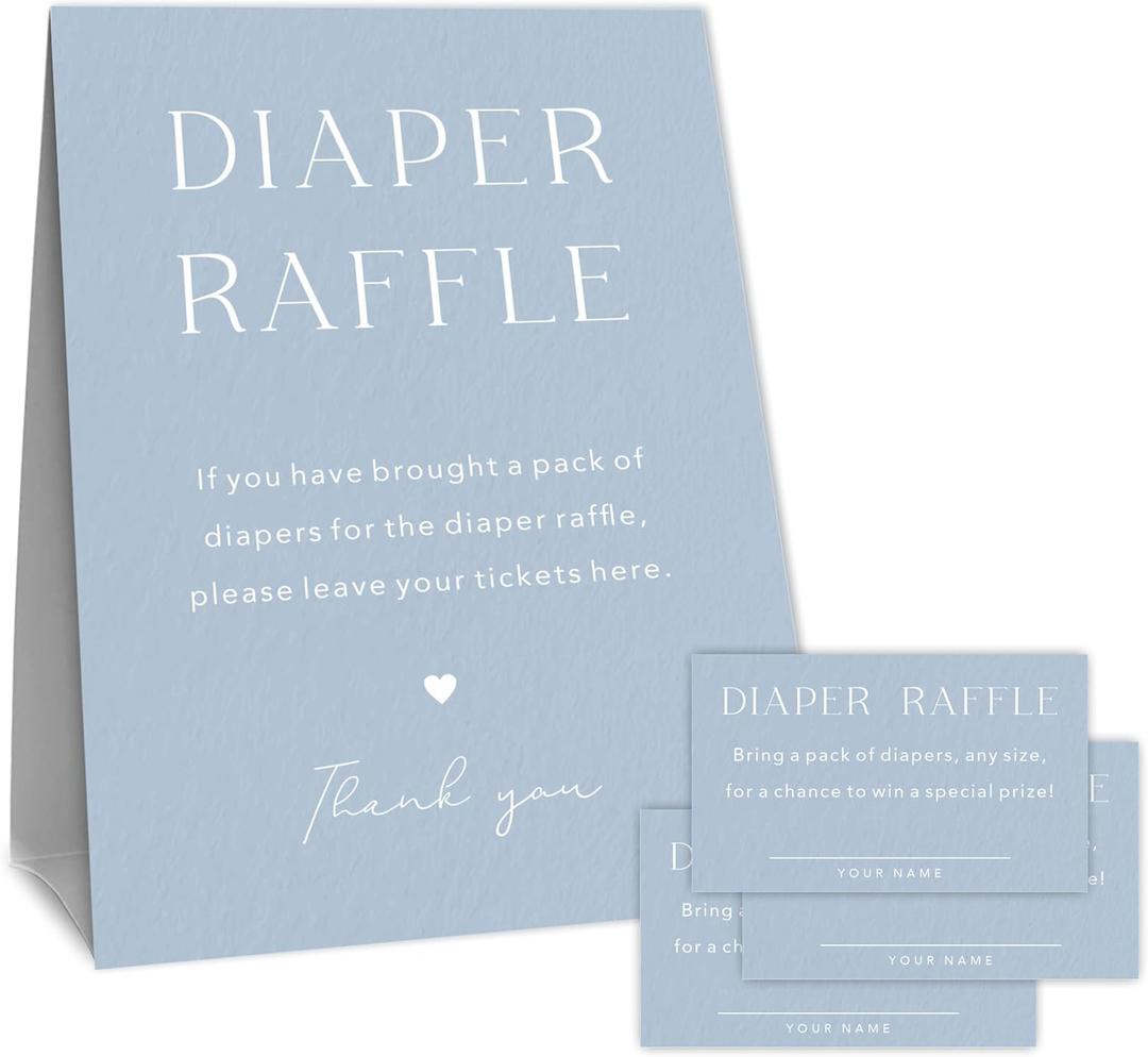 Minimalism Baby Shower Diaper Raffle Game Set, 1 Blue Standing Sign & 50 Diaper Raffle Tickets, Supplies & Decorations For Gender Reveal, Baby Announcement, Baby Shower - A05
