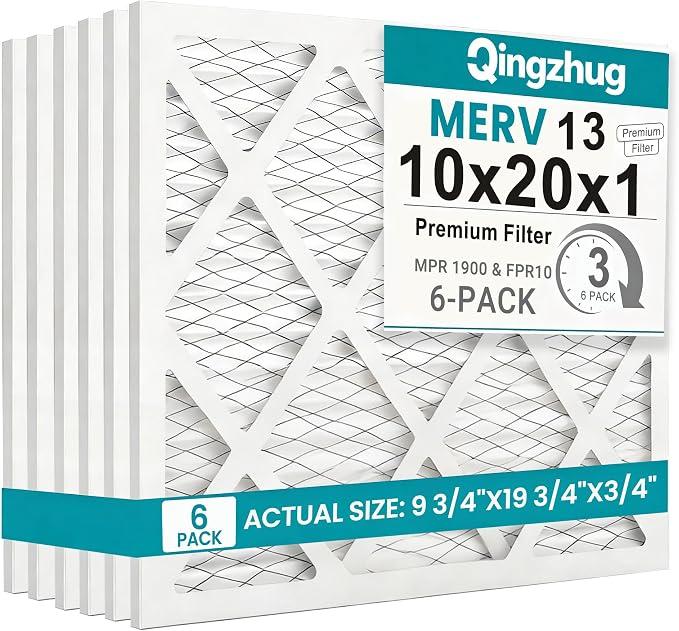 Qingzhug 10x20x1 MERV 13 (6-Pack) Pleated Air Filter (Actual Size: 9.75" x 19.75" x 0.75") MPR 1900 & FPR 10, Furnace Air Filters 10x20x1 Air Filter