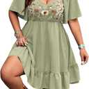 Verdusa Women's Plus Size Western Boho Floral Dress Cowgirl Country Concert Vacation Outfits Flowy Summer Dresses (XX-Large Plus, Olive Green)