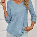 Tankaneo Womens 3/4 Length Sleeve Lace Tops V Neck Dressy Casual T-Shirt 2025 Ribbed Fall Tee Blouse