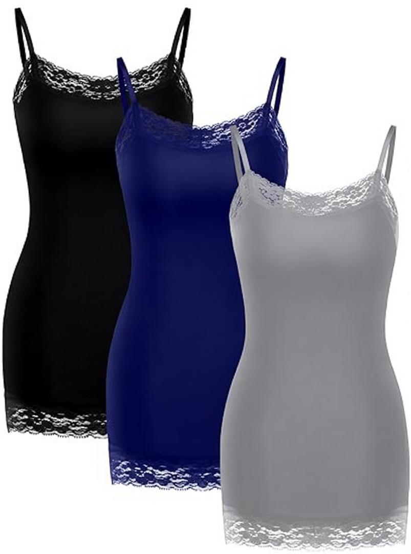 Bencailor 3 Pcs Women's Long Tank Tops, Lace Camisole Neck Cami Adjustable Spaghetti Strap Undershirts for Women (Medium,Black,Gray,Navy)