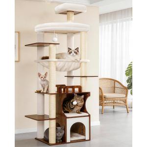 Gitelsnour Cat Tree, 70.9 Inch Wood Cat Tower for Large Cats Adult, Modern Cat Furniture with Double-Layer Wooden Cat Condo, 2 Platforms, Large Hammock and Scratching Posts, Rustic Brown GCT102SR